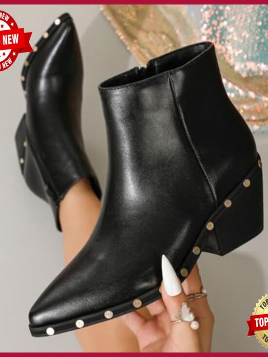 Amazon.com | Cape Robbin Jagged Studded Faux Leather Black  Leather Pointed Toe Studded Block Heel Chelsea Boots Side Zippers